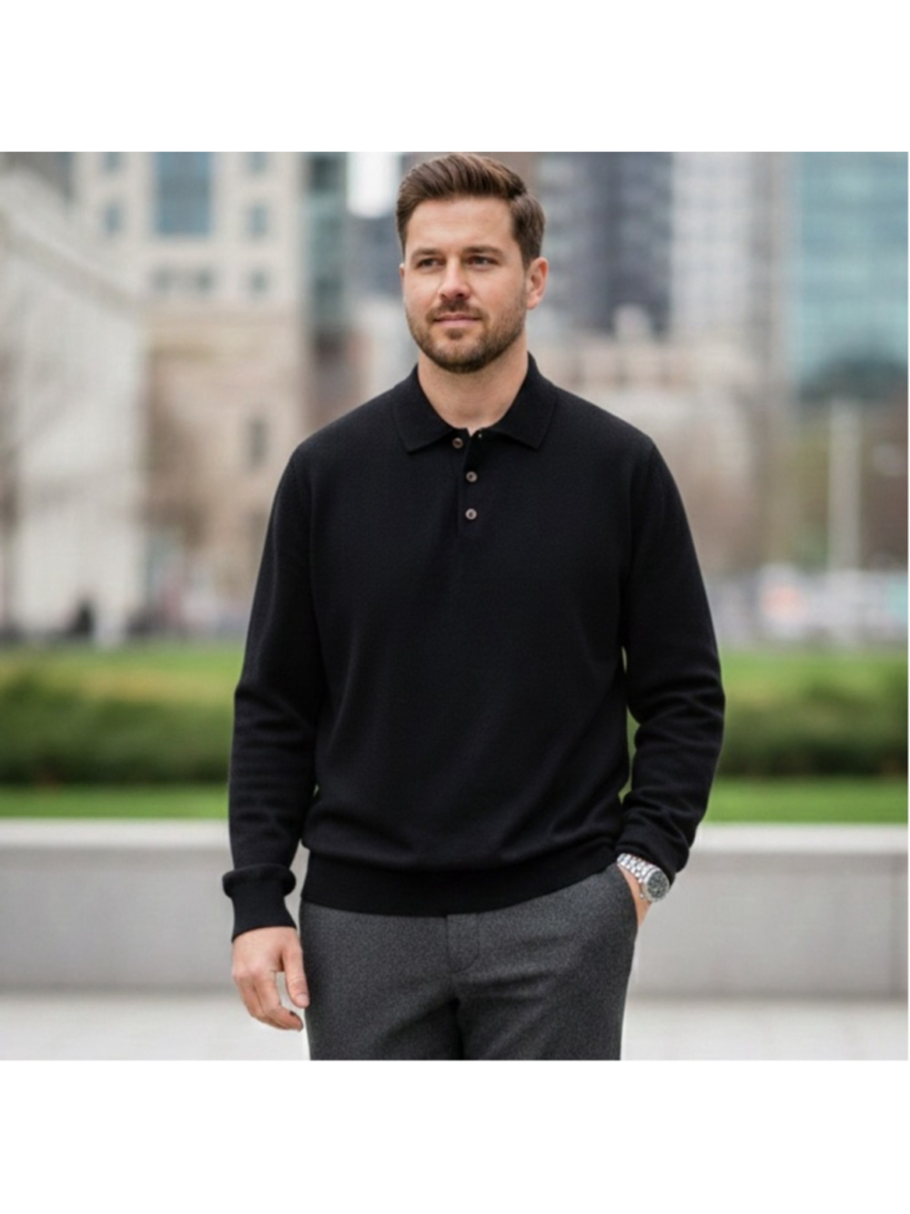 Mino Lombardi Black 100% Wool Polo Sweater Size 54/ 2XL